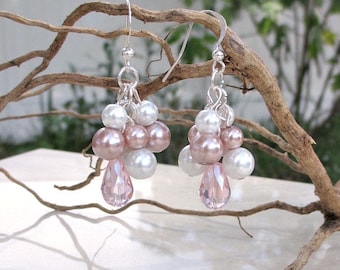 Pink Crystal Teardrop with White and Pink Rose Pearls dangle Earrings