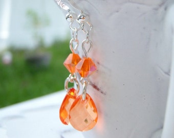 Orange Earrings. Orange Translucent Teardrop with an Orange Bicone Swarovski Bead dangle Earrings