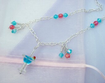Blue Martini Glass Lampwork - Sterling Silver Necklace