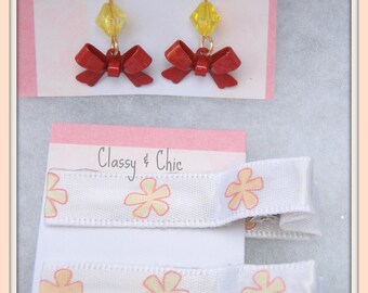 White with yellow Stars Hair Clip and Yellow Red Earrings