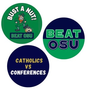 May include: Three round buttons with different designs. The first button is green with a cartoon leprechaun kicking a football with the text "Bust a Nut! Beat OSU". The second button is green and blue with the text "Beat OSU". The third button is blue with the text "Catholics vs Conferences".