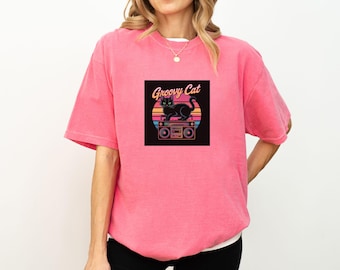 Groovy Cat Shirt Funny Cat Mom Gift, Retro Black Cat Boombox Tee, Vintage Cat Dad T-Shirt, Cute Cat Lover Graphic Top