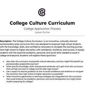 Puede incluir: Un folleto en blanco y negro con el título "College Culture Curriculum" y una descripción del propósito del plan de estudios y las preguntas que los estudiantes explorarán.