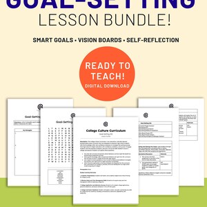 Puede incluir: Un paquete de lecciones digitales para establecer metas que consta de cinco páginas blancas con texto negro, incluyendo una sopa de letras, un esquema de lección y detalles del plan de estudios. El título dice GOAL-SETTING LESSON BUNDLE! SMART GOALS, VISION BOARDS, SELF-REFLECTION.