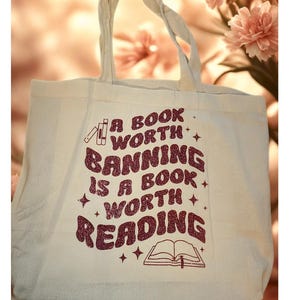 Banned book tote, sparkly statement tote bag for bookworms, reusable book bag gift for readers and activists, literary gift tote bag