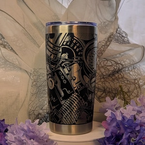 Engraved Engine Tumbler: Stainless Steel Travel Mug, Gift for Mechanics