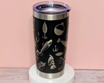 Engraved Fishing Tumbler: 20oz Black Stainless Steel Travel Mug