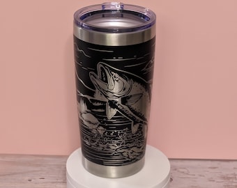 Engraved Fishing Tumbler: Black Stainless Steel Travel Mug, Lake Scene