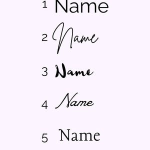 May include: A font selection chart featuring the heading Choose a Font followed by six numbered options. Each option displays the word Name in a distinct typeface, ranging from simple sans-serif to various styles of cursive and script lettering.