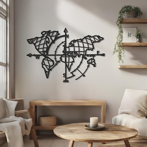 Metallwandkunst - Moderne Weltkarte-Kompass-Dekor, minimalistische geometrische Wandkunst für Haus- und Bürodekor