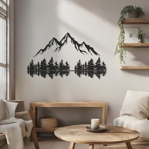 Decorazione murale minimalista in metallo con montagna – Decorazione murale rustica ispirata alla natura – Cartello da parete moderno con baita – Idea regalo per escursioni
