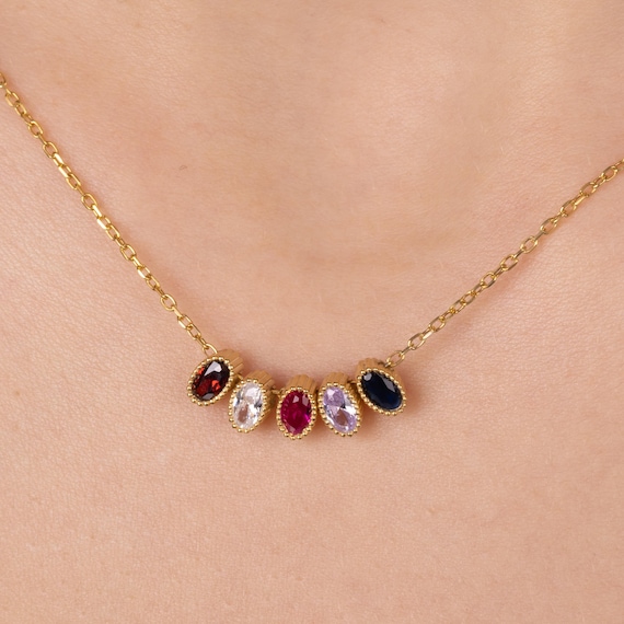 Family Birthstone Necklace, Elegant Gold Plated Birthstone Pendant