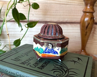 Vintage Japanese Porcelain Incense Burner & Lid Hand Painted 3.5 inches tall