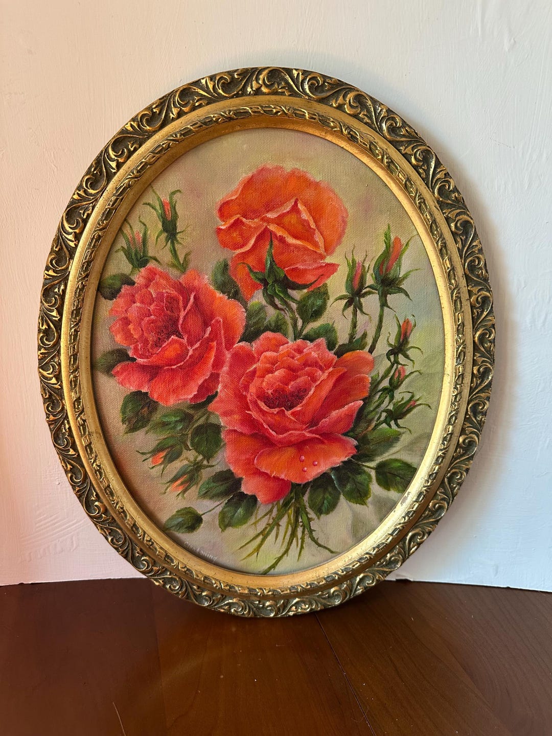 Vintage Painting of Roses in Ornate Gold Colored Oval Frame Artist ...