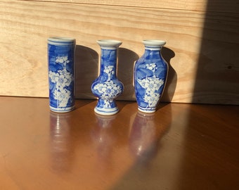 Trio of Mini Chinese Blue Cherry Blossom Vases