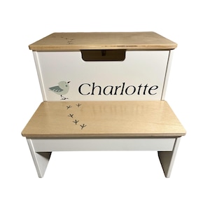 Personalized Kids Step Stool with Storage Compartment and Bird Accent - Montessori Stool, Toy Storage, Toy Organization, Customized Toy Box