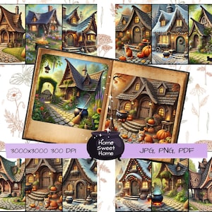 Witch House Clipart Bundle, Seasonal Cottage PNG & JPG, Spring Summer Fall Winter Printable Art, Digital Download Set