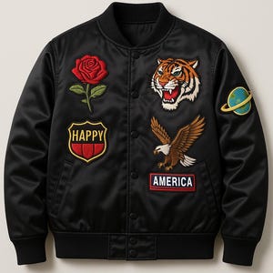 Könnte beinhalten: Schwarze Satin-Bomberjacke mit gestickten Aufnähern. Zu den Aufnähern gehören eine rote Rose, ein brüllender Tiger, ein Adler, ein Planet und die Wörter "HAPPY" und "AMERICA". Die Jacke hat einen gerippten Kragen, Bündchen und Saum.
