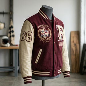 May include: A burgundy wool-blend varsity jacket with cream-coloured sleeves. The jacket features the text 'VINTAGE RACERS SOCIETY', 'EST. 1957', '66', and 'LUCAS' with a racing car emblem. It has a snap-button front, striped ribbed cuffs, and collar.