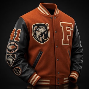 May include: A varsity jacket with a rust-coloured wool body and black leather sleeves. The front features a large letter F and a patch of a fish with a hook. The sleeve displays the number 41, a fishing fly, a fish, and a hook patch.