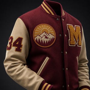 Custom Mountain Varsity Jacket, Personalized Wool Letterman with Leather Sleeves and Outdoor Patches