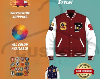 May include: A red and white varsity jacket with a large "S" and "P" on the front. The jacket has a variety of patches on the sleeves, including a basketball, football, and baseball. The text "STAND OUT IN YOUR OWN STYLE!" is at the top of the image. The text "CUSTOMIZE PATCHES" is at the bottom left of the image. The text "FREE MOCKUP" is at the bottom right of the image.