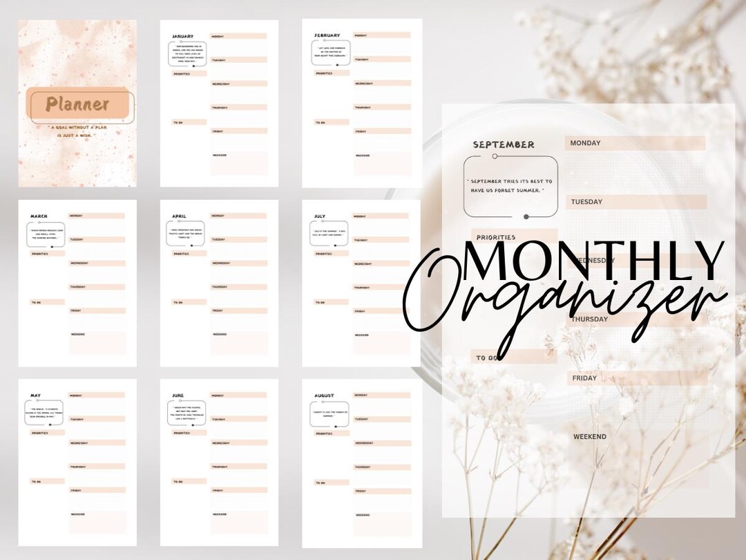Planner, Monthly Organizer, Printable & Fillable, A4, Monthly Planner
