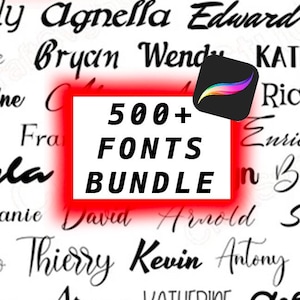 May include: A red rectangle with the text "500+ FONTS BUNDLE" in black. The rectangle is superimposed on a background of many handwritten names in black.