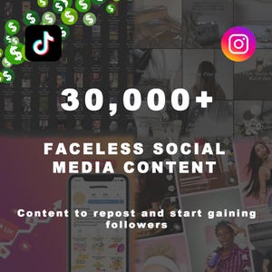 Puede incluir: Un collage de imágenes con iconos de redes sociales, incluyendo TikTok e Instagram, con el texto "30.000+ CONTENIDO DE REDES SOCIALES SIN CARA" y "Contenido para volver a publicar y empezar a ganar seguidores".