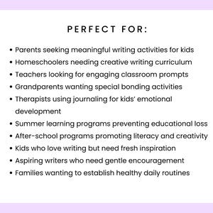 Op de afbeelding: Een lijst met toepassingen voor een product, met de kop "PERFECT FOR:" in zwarte tekst. De lijst bevat ouders, thuisscholers, leraren, grootouders, therapeuten, zomerprogramma's, naschoolse programma's, kinderen, beginnende schrijvers en gezinnen.
