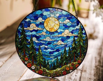 Moonlit Forest Landscape Suncatcher Round Stained Glass Hanging Art Gift for Nature Lovers