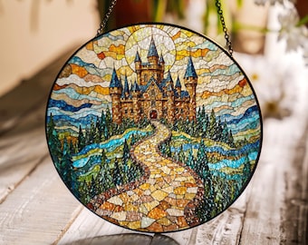 Stained Glass Castle Suncatcher Fantasy Window Hanging Gift for Fairy Tale Lovers
