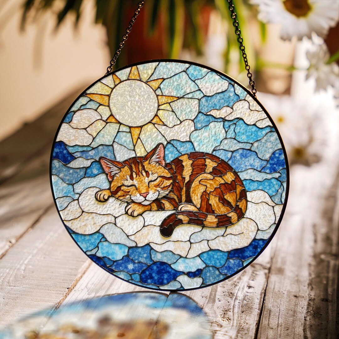 Sleeping Cat Stained Glass Suncatcher Window Hanging Gift for Cat ...