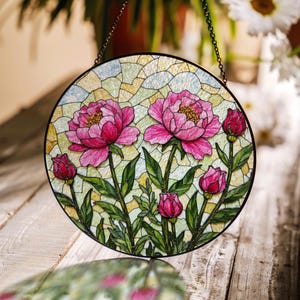 Stained Glass Peony Suncatcher Pink Floral Window Decor Gift