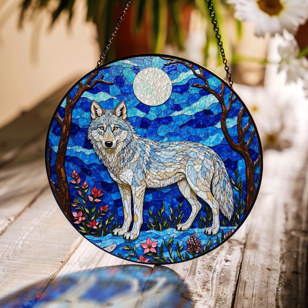 Mystischer Wolf Wald Glasmalerei Suncatcher Natur Fenster Dekor Geschenk für Naturliebhaber