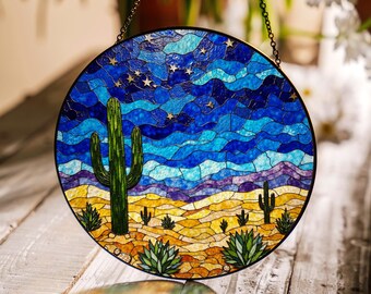 Desert Cactus Night Sky Suncatcher Stained Glass Sunlight Decor Gift for Nature Lovers