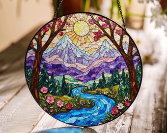 Mountain River Landscape Colorful Nature Suncatcher Vibrant Glass Art Gift for Nature Lovers