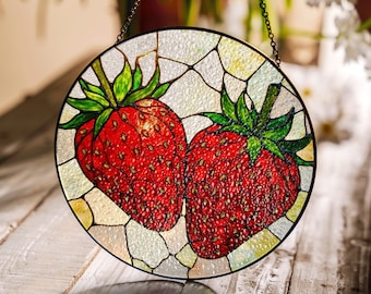 Jordgubbsglas solfångare i målat glas, fruktsolfångare, perfekt present till jordgubbsälskare