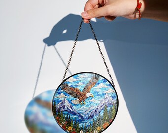 Majestic eagle flying over snowy mountains round suncatcher gift for nature lovers