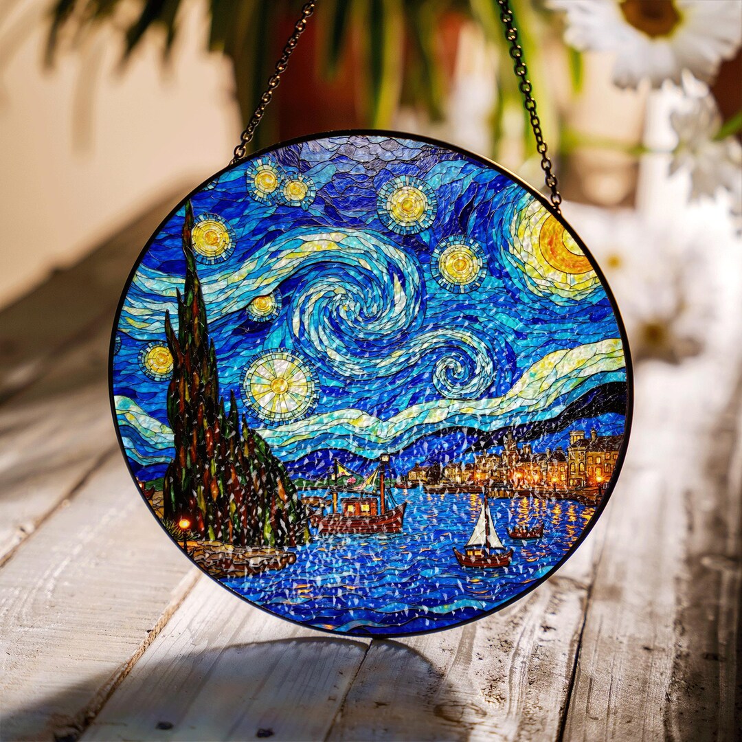 Starry Night Stained Glass Suncatcher Van Gogh Art Gift for Art Lovers ...