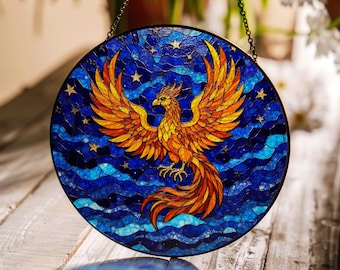 Radiant Phoenix Rising in Starry Night Sky Stained Glass Suncatcher Gift for Mythology Lover