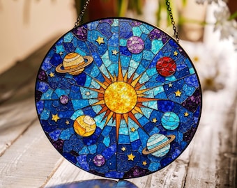 stained glass sun planets cosmic galaxy suncatcher celestial window decor gift for him