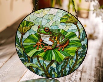 Tree frog on lily leaf stained glass suncatcher gift for nature lovers