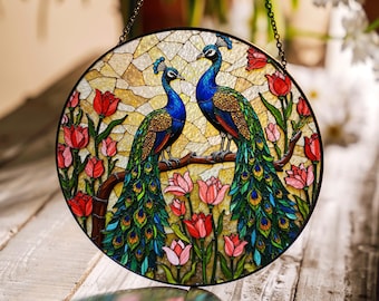 Colorful Peacock Couple with Floral Garden Stained Glass Suncatcher Window Hanging Gift for Mom