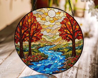 Autumn River Landscape Stained Glass Suncatcher Window Hanging Gift for Nature Lovers