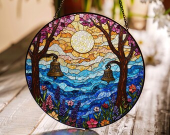 Stained Glass Trees Bells Suncatcher Colorful Sunset Window Hanging Gift for Nature Lover Mom Friend