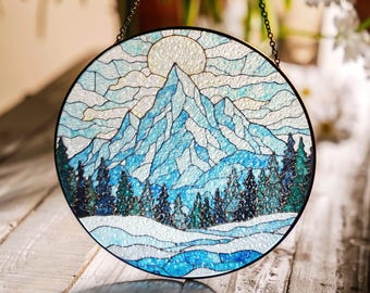 Mountain Landscape Stained Glass Suncatcher Nature Wall Art Gift for Nature Lovers