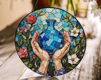 Hands Holding Blue Vase Stained Glass Floral Garden Window Decor Gift for Nature Lovers