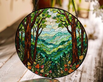Lush Forest Mountain View Suncatcher Stained Glass Window Decor Gift for Nature Lover