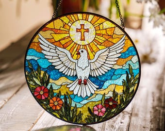 Stained Glass Dove with Cross Suncatcher Vibrant Religious Window Ornament Gift for Christians